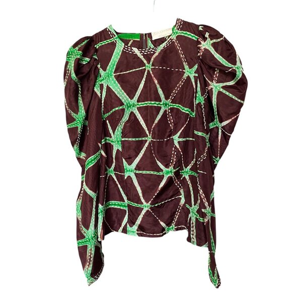 ULLA JOHNSON 100% Silk Brown and Green Leyla Blouse Size 00 - Picture 4 of 10